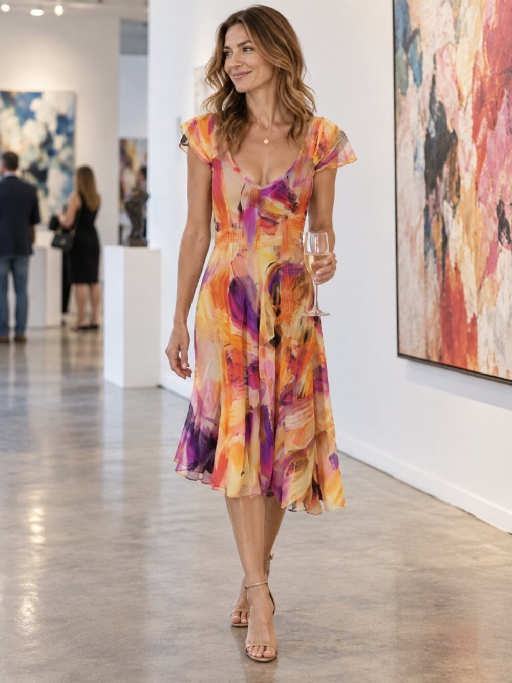 Fuzzi Italy Stretch tulle Rose Artsy print dress bohemian indie Sz M Multicolor